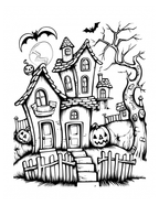 Black and white illustration of a haunted house with pumpkins and bats on a white background