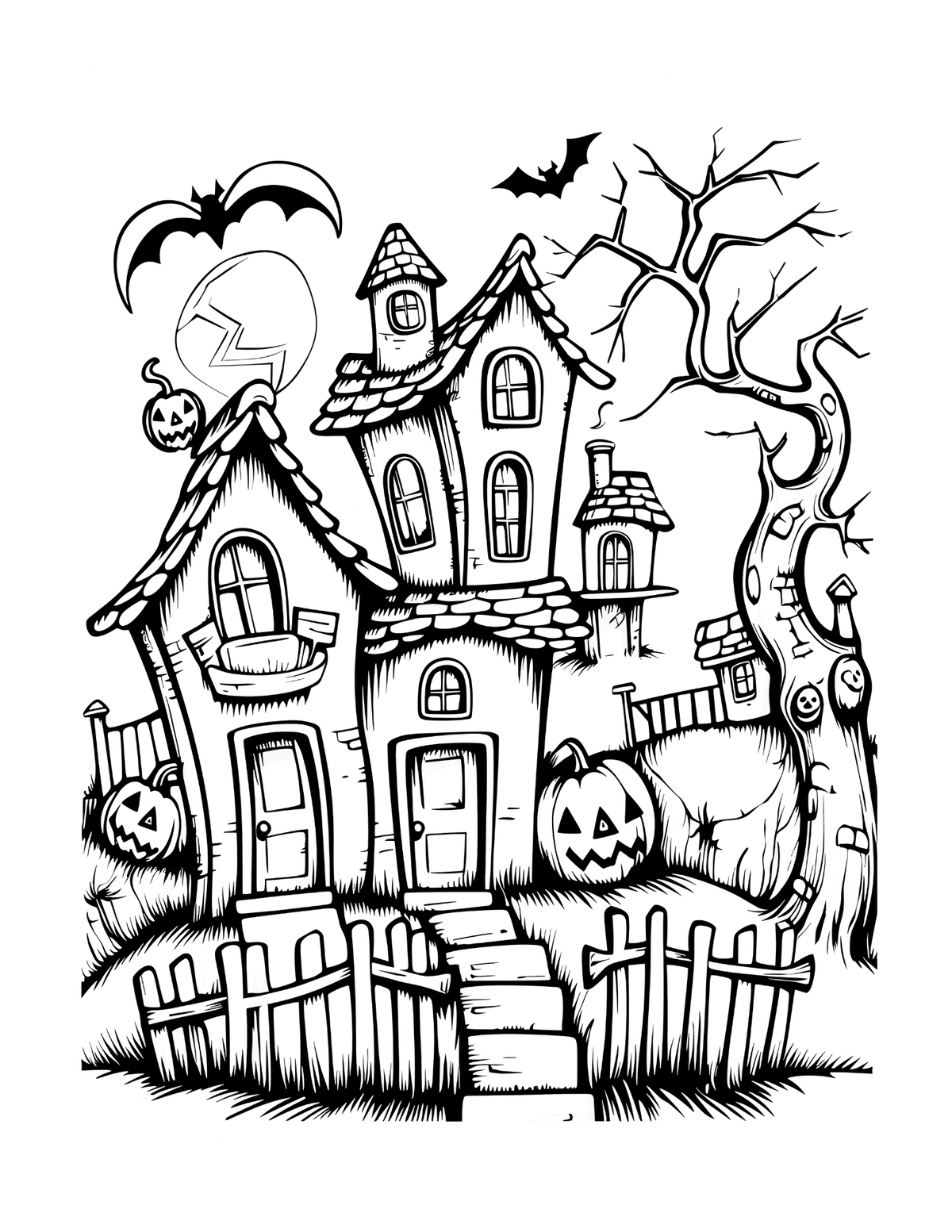 Black and white illustration of a haunted house with pumpkins and bats on a white background
