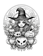 Black and white illustration of a witch with pumpkins and skulls on a decorative background