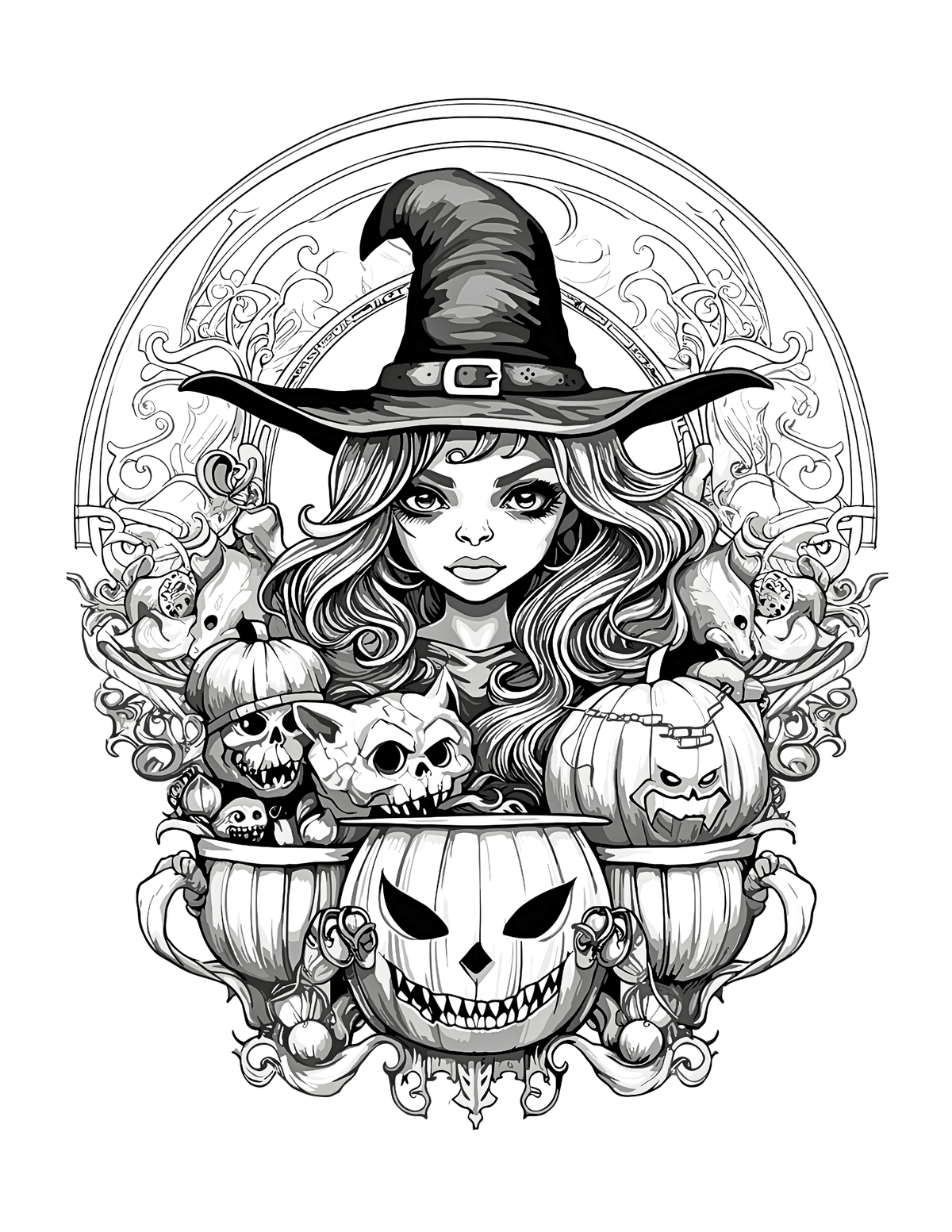 Black and white illustration of a witch with pumpkins and skulls on a decorative background