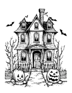 Halloween-themed illustration of a haunted house with pumpkins and bats.
