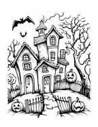 Black and white illustration of a haunted house with pumpkins and bats.