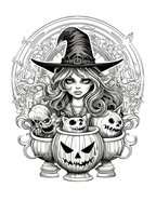 Black and white illustration of a witch with pumpkins and skulls on a decorative circular background