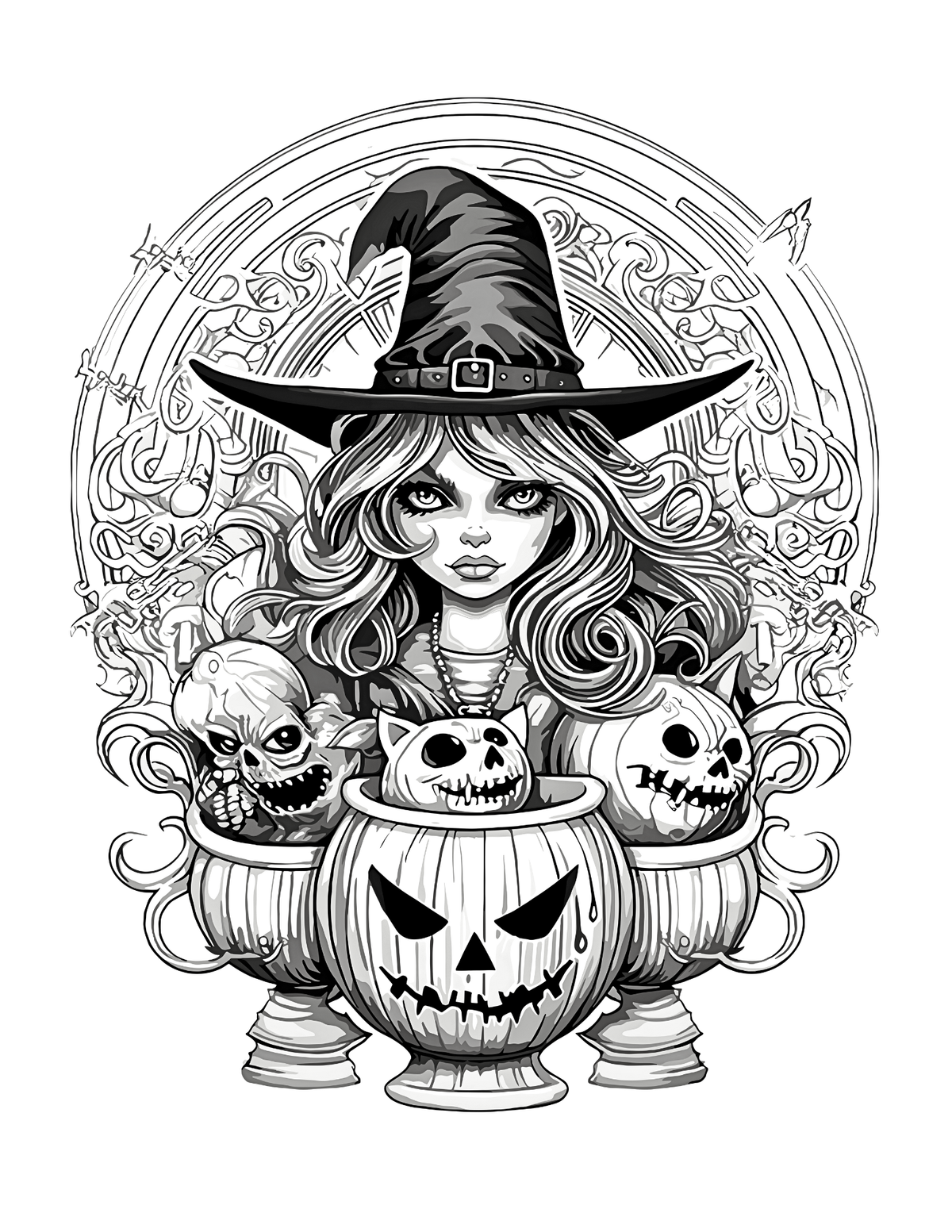 Black and white illustration of a witch with pumpkins and skulls on a decorative circular background