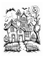 Black and white illustration of a haunted house with pumpkins and bats on a white background