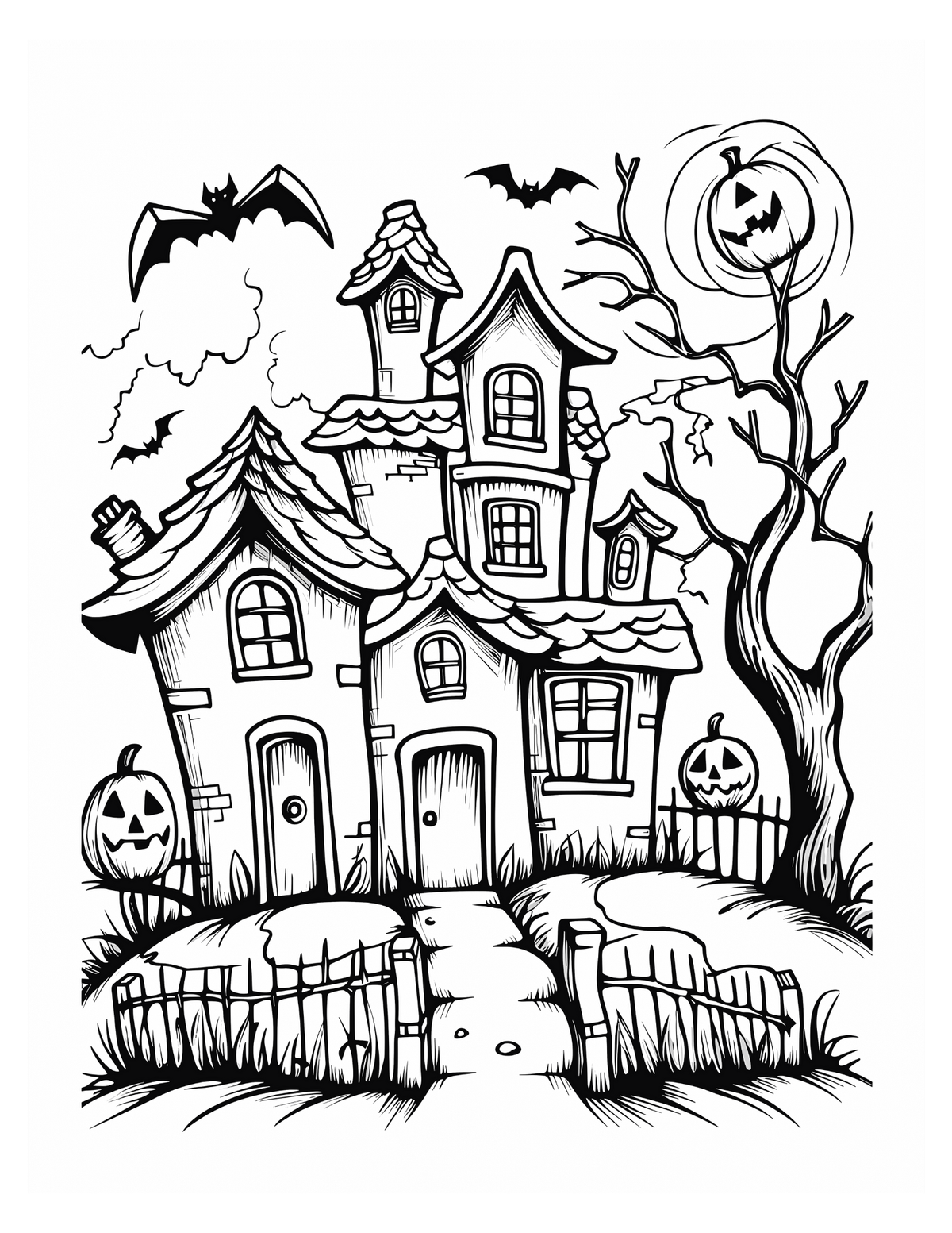 Black and white illustration of a haunted house with pumpkins and bats on a white background