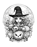 Black and white illustration of a witch with a pumpkin and skulls, surrounded by decorative elements.