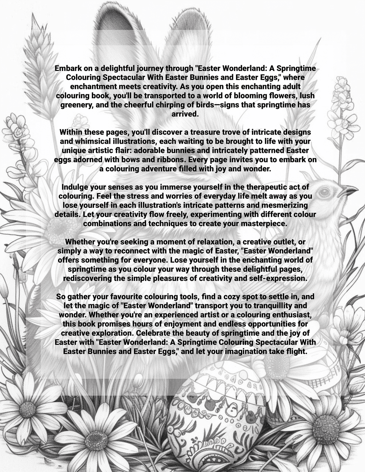 Coloring book page with Easter-themed illustrations and text.