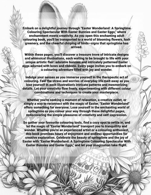 Coloring book page with Easter-themed illustrations and text.
