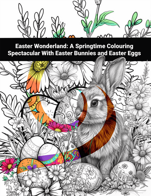 Coloring book page with Easter bunny and eggs surrounded by flowers and text 'Easter Wonderland'.