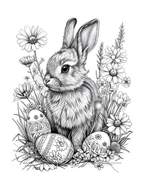 Black and white illustration of a rabbit with Easter eggs and flowers.