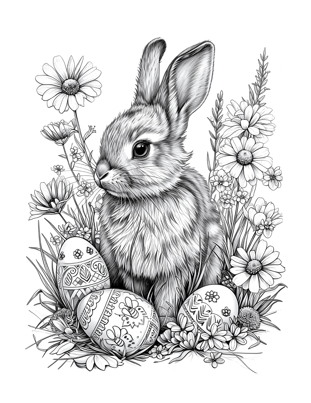 Black and white illustration of a rabbit with Easter eggs and flowers.