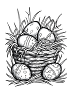 Black and white illustration of a basket with Easter eggs in grass