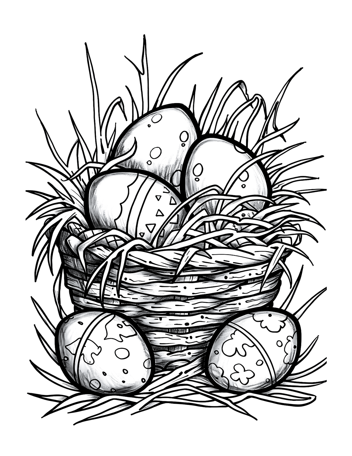 Black and white illustration of a basket with Easter eggs in grass