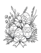Black and white illustration of Easter eggs with flowers and a bow.