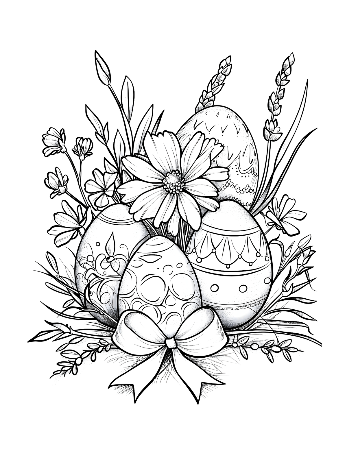 Black and white illustration of Easter eggs with flowers and a bow.