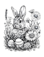 Black and white illustration of a rabbit with Easter eggs and flowers.