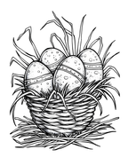 Black and white illustration of a nest with Easter eggs