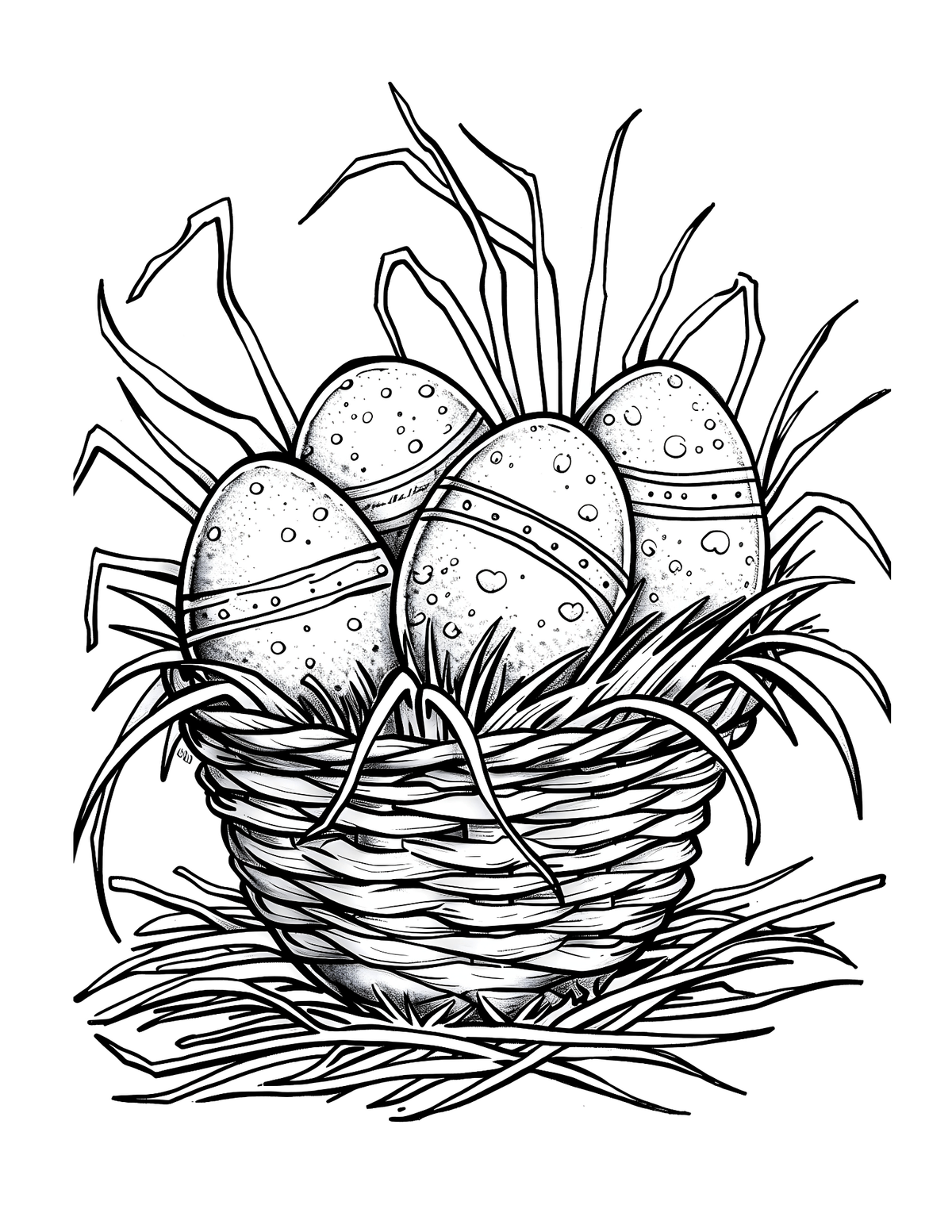 Black and white illustration of a nest with Easter eggs