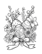 Black and white illustration of Easter eggs and flowers with a bow.