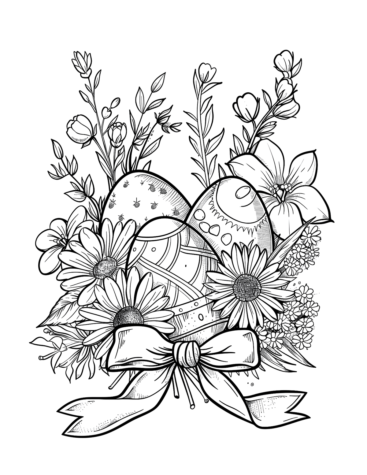 Black and white illustration of Easter eggs and flowers with a bow.