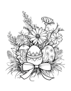 Black and white illustration of Easter eggs and flowers with a bow.