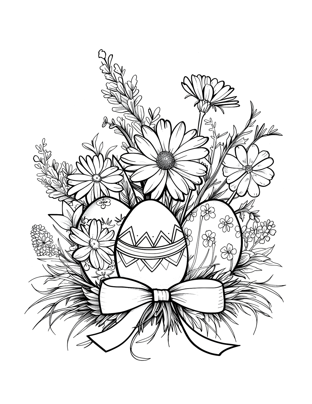 Black and white illustration of Easter eggs and flowers with a bow.