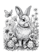Black and white illustration of a rabbit among flowers and Easter eggs.