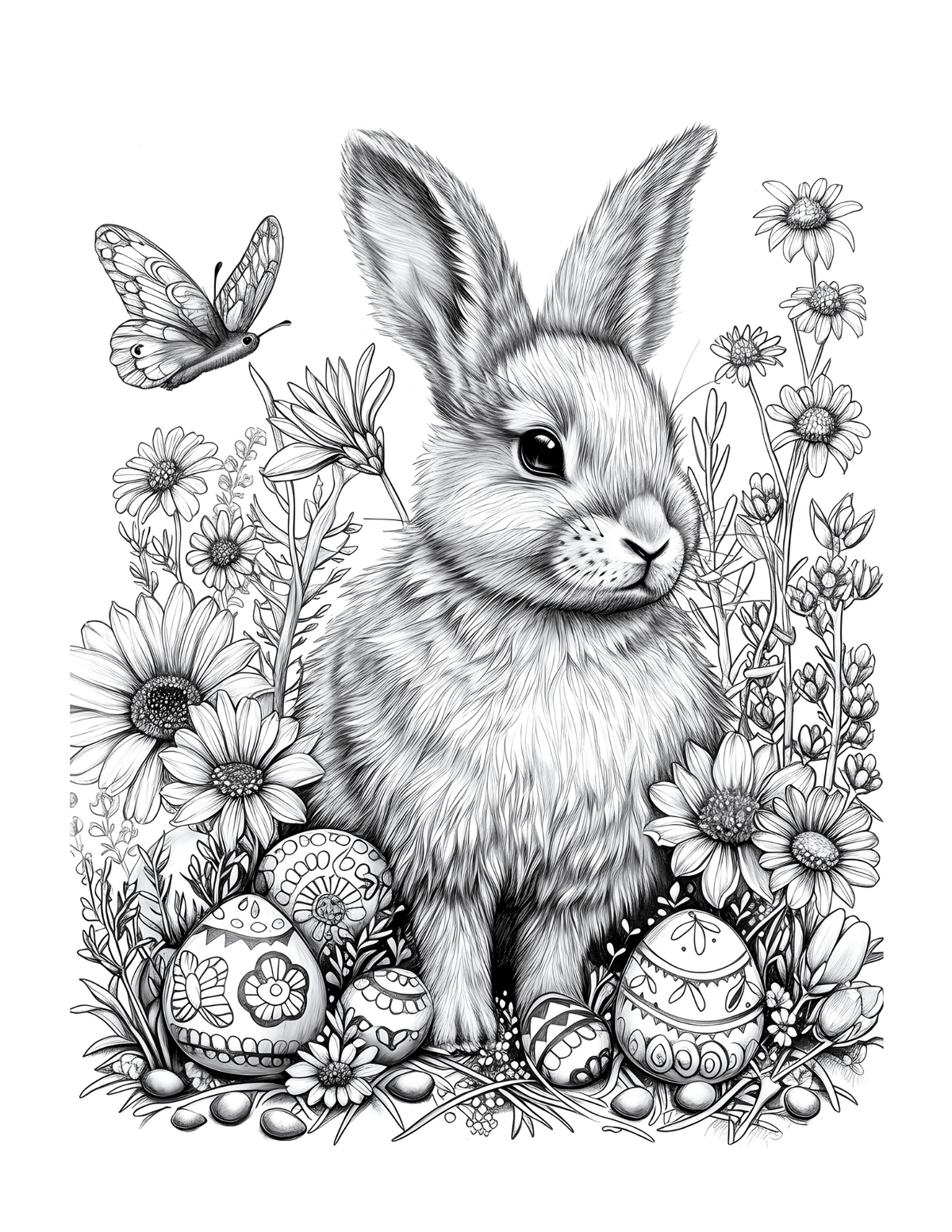Black and white illustration of a rabbit among flowers and Easter eggs.