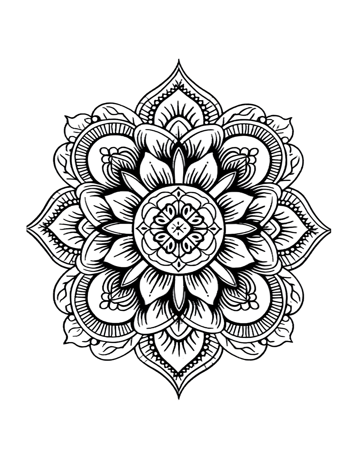 Black and white mandala design on a white background