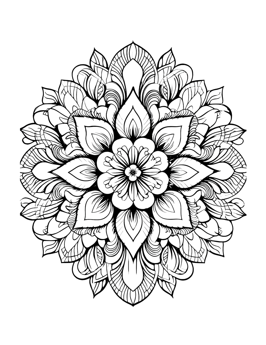 Black and white intricate floral mandala design on a white background