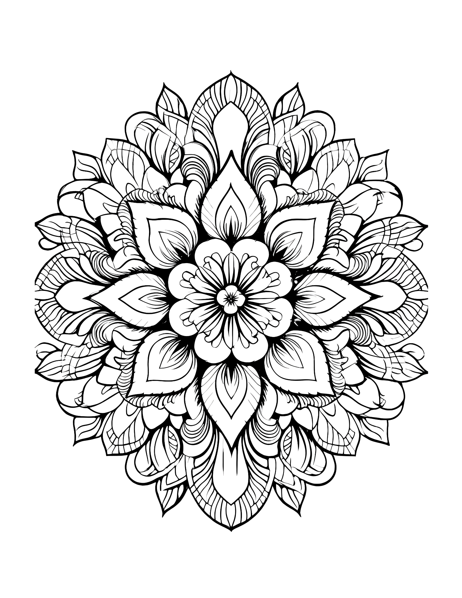 Black and white intricate floral mandala design on a white background
