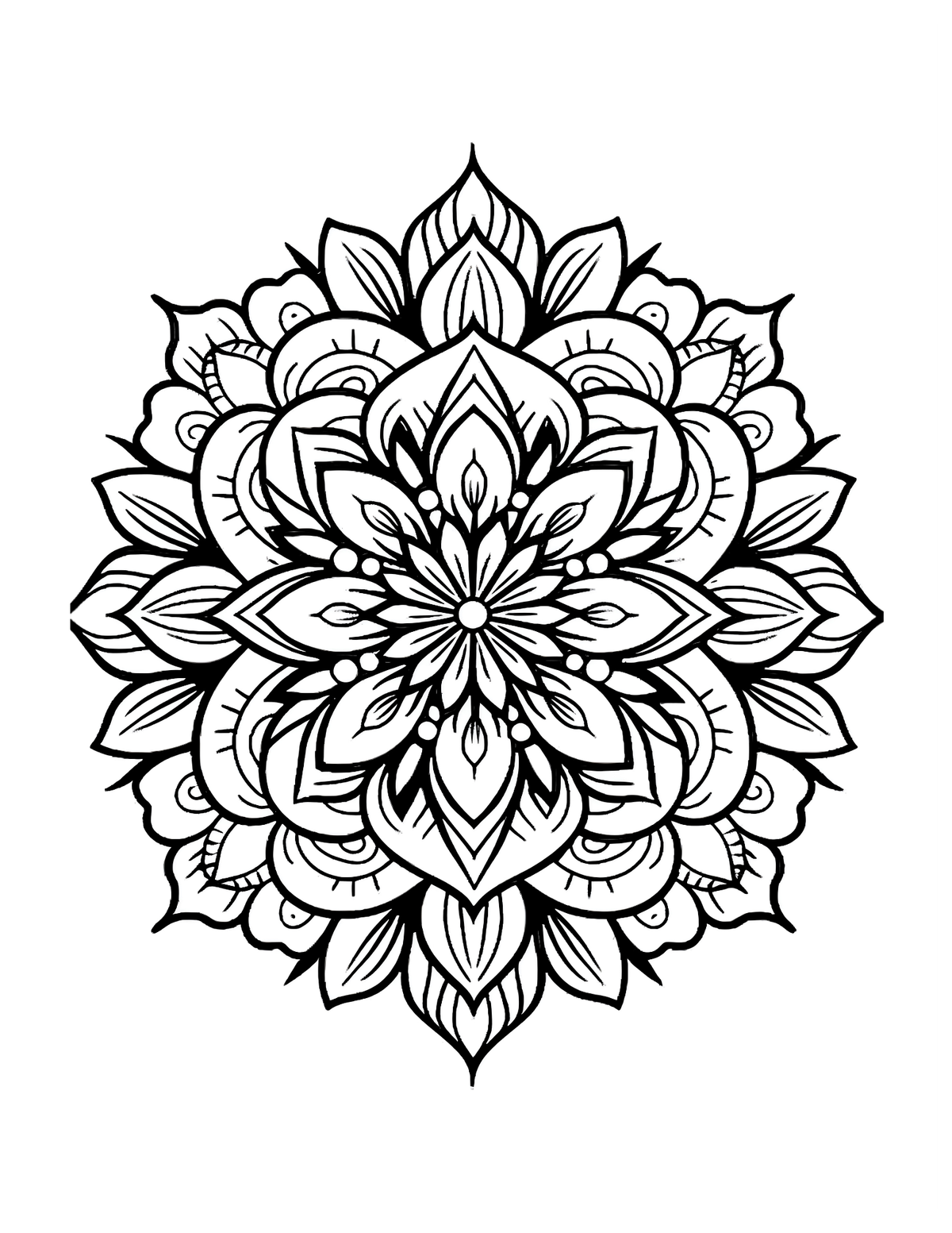 Black and white mandala design on a white background