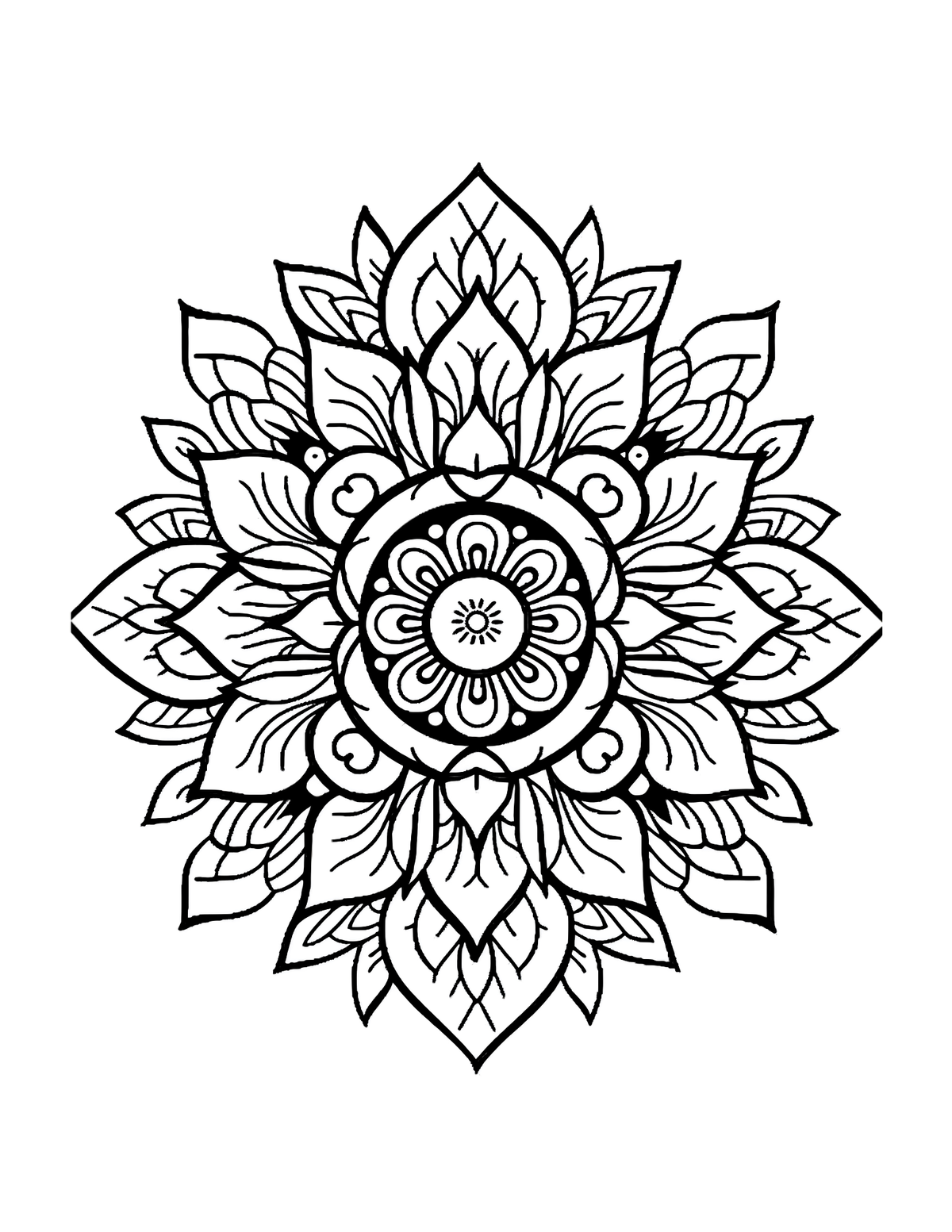 Black and white mandala design on a white background