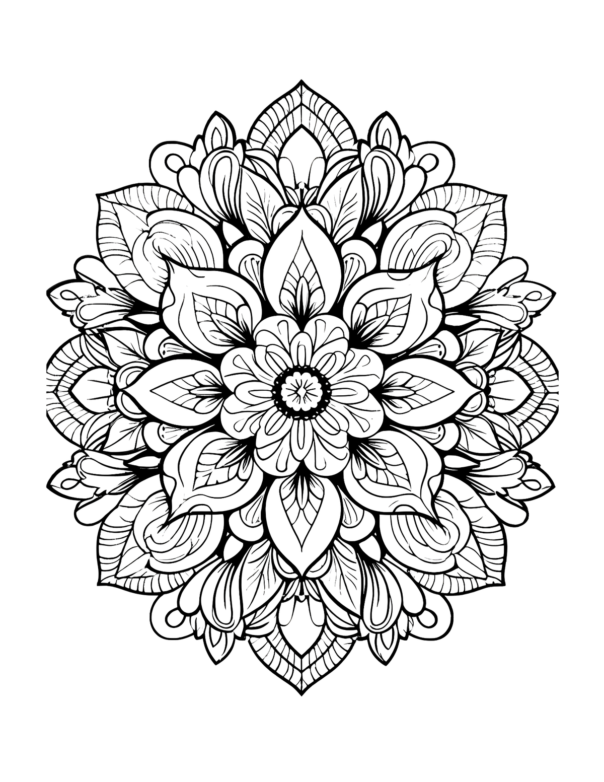 Black and white intricate floral mandala on a white background