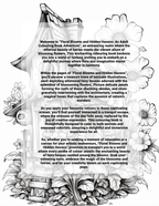 Black and white illustration of a fairy house with floral elements and text on a white background