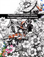 Coloring book cover with houses and flowers, titled 'Floral Blooms and Hidden Havens'.