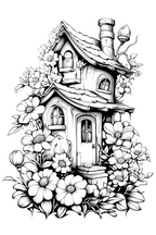 Black and white illustration of a quaint house surrounded by flowers on a white background