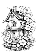 Black and white illustration of a quaint house surrounded by flowers on a white background