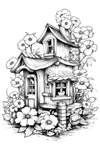 Black and white illustration of a small house surrounded by flowers on a white background