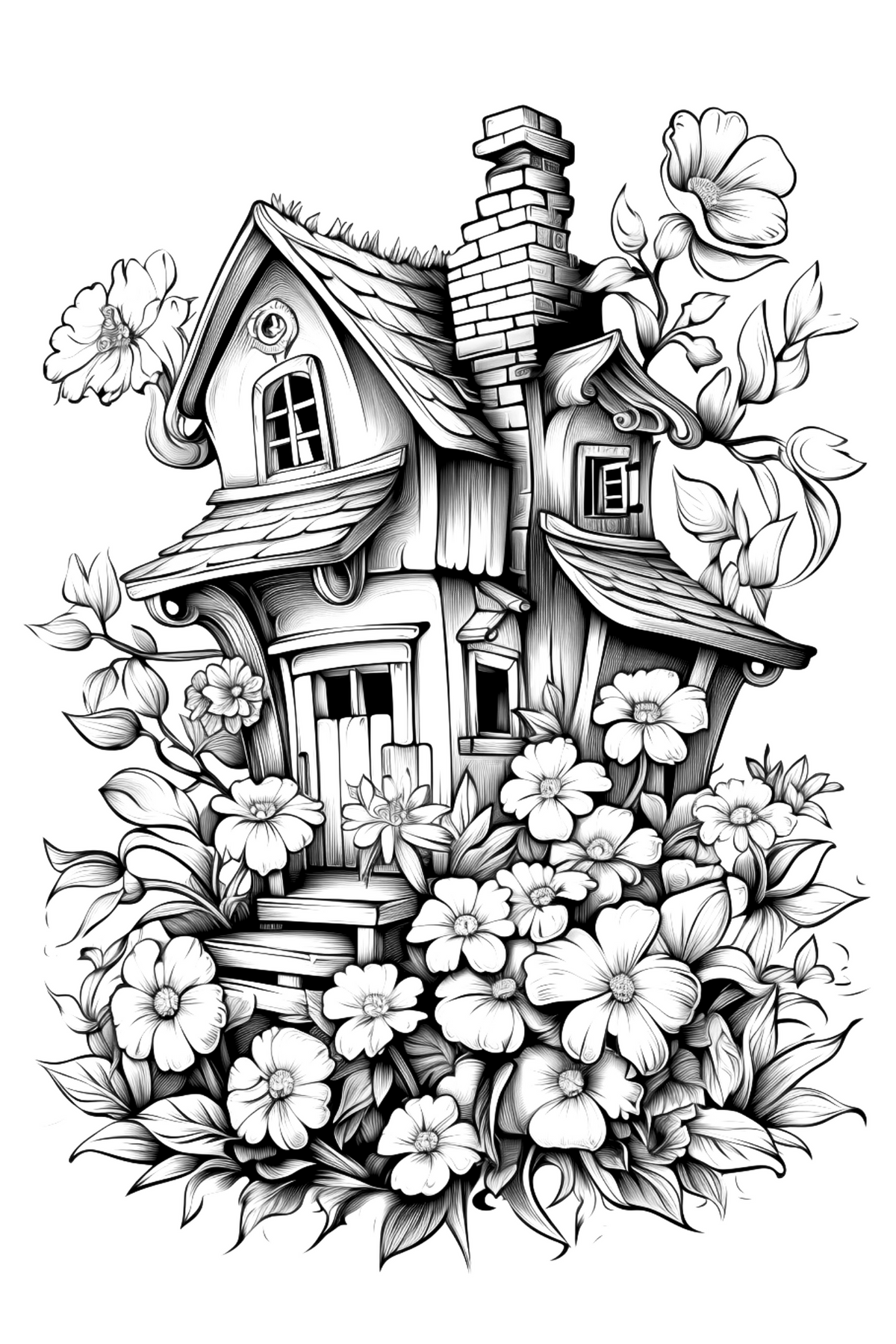 Black and white illustration of a house surrounded by flowers and leaves