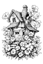 Black and white illustration of a house surrounded by flowers and leaves