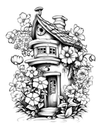 Black and white illustration of a small house surrounded by flowers on a white background