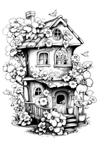 Illustration of a house with floral decorations on a white background