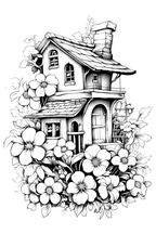 Black and white illustration of a house surrounded by flowers on a white background
