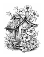 Illustration of a small house with flowers and plants on a white background
