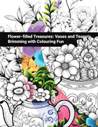 Colouring book with floral and teapot designs on a white background front cover