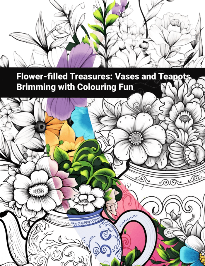 Colouring book with floral and teapot designs on a white background front cover