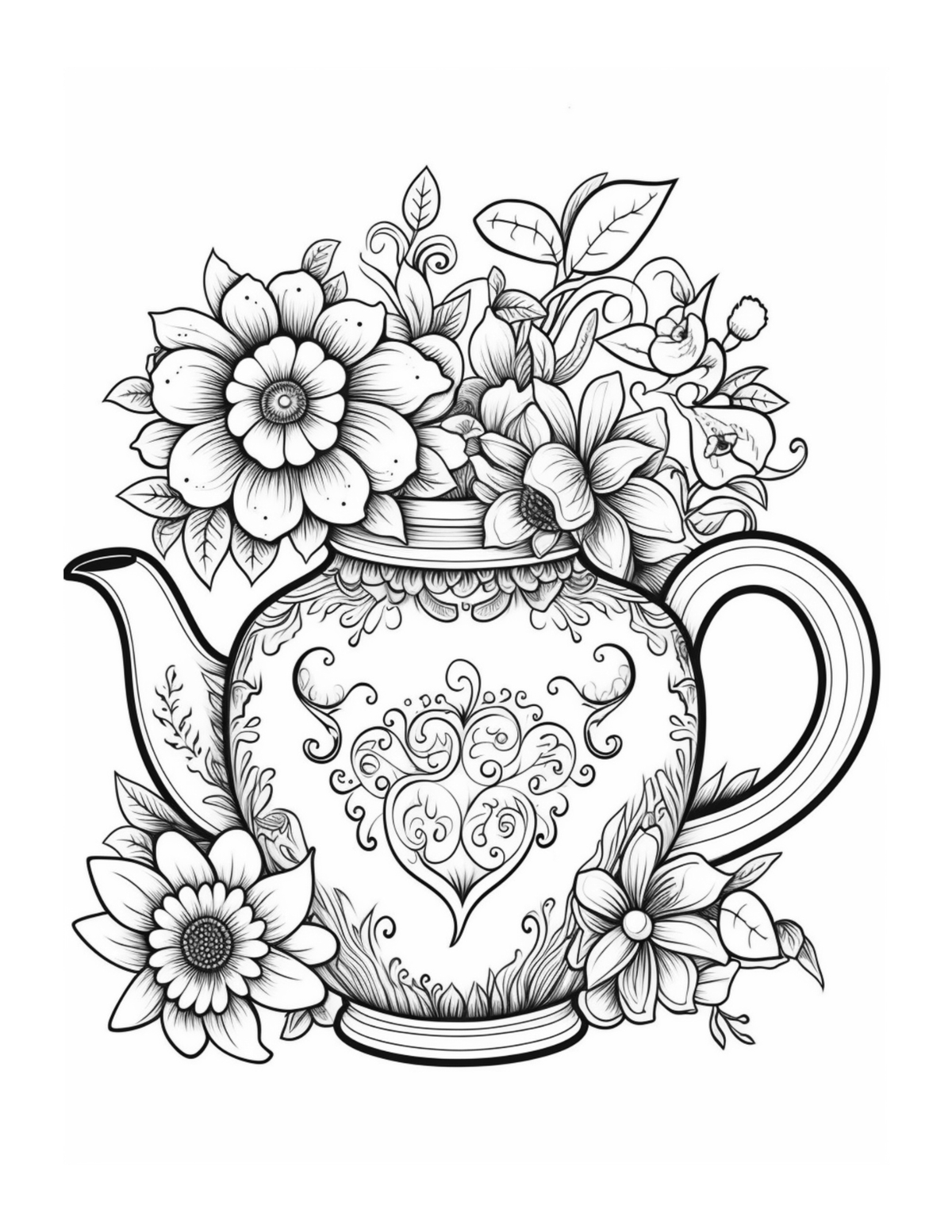 Decorative teapot with floral designs on a white background