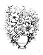 Black and white floral arrangement in a vase on a white background